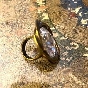 Avant Garde large bold faceted center rhinestone statement ring brass color
